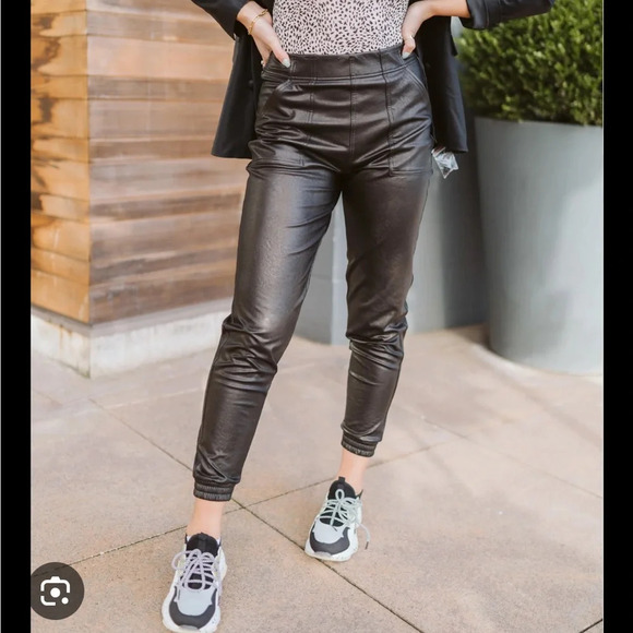 SPANX Faux Leather Jogger black brown high rise pull on large - Picture 7 of 13